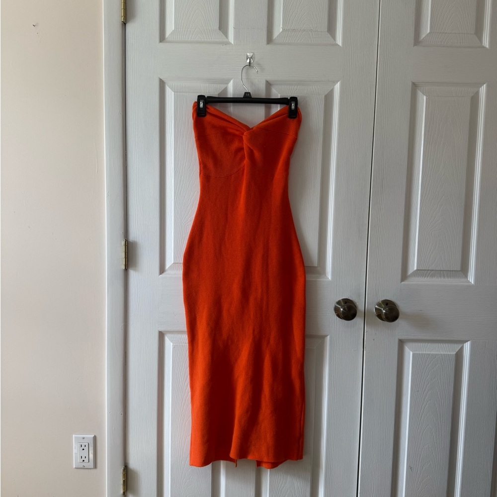 Strapless Orange Midi Dress